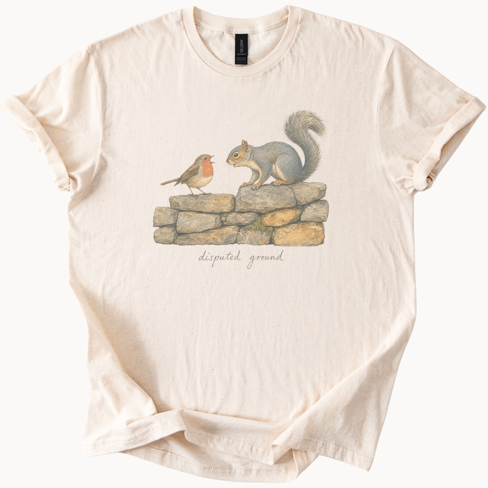 Disputed Ground Robin Squares Off with Squirrel on Stone Wall Tee